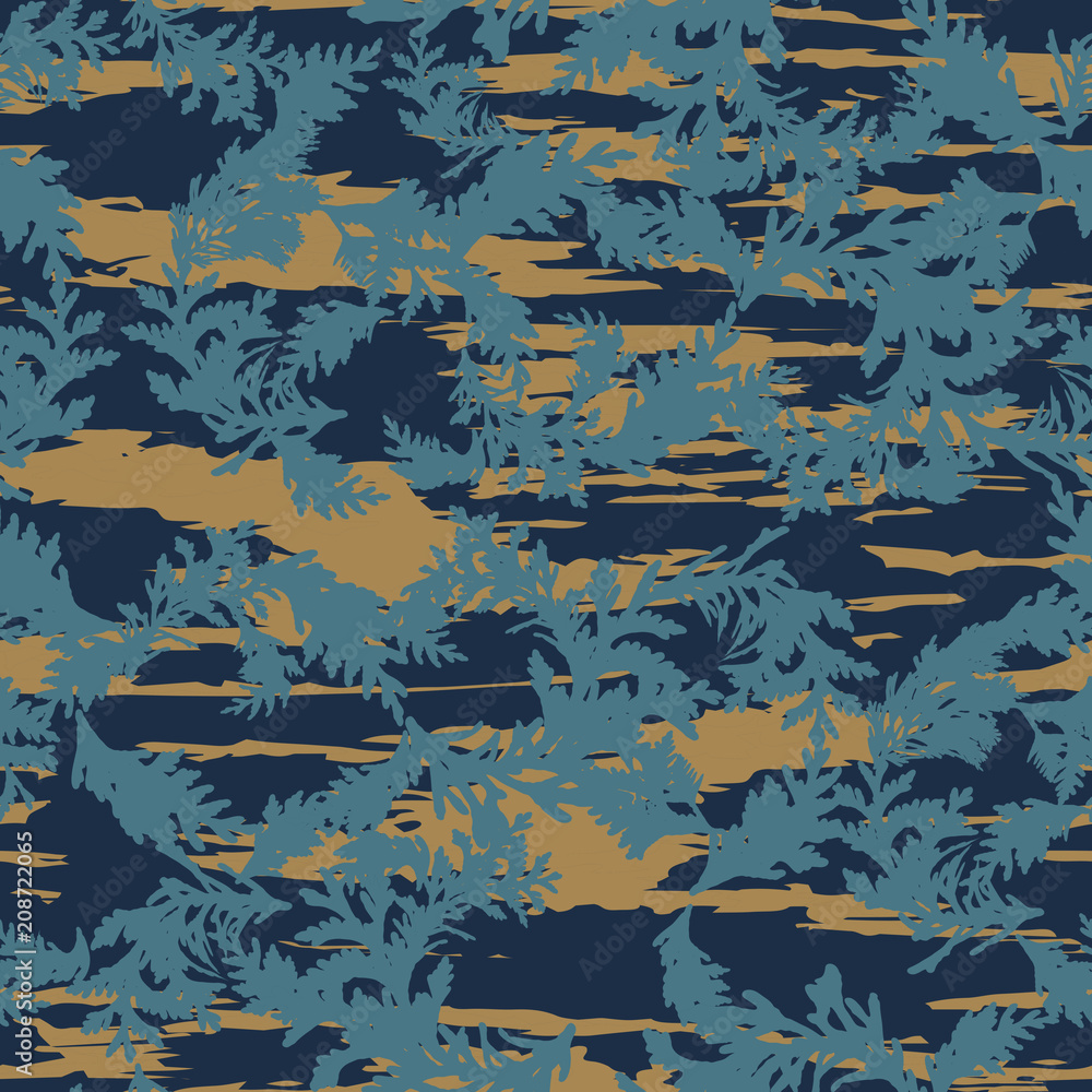 Poster botanical vector seamless pattern with thuja branches and twigs and abstrac brush stokes background.