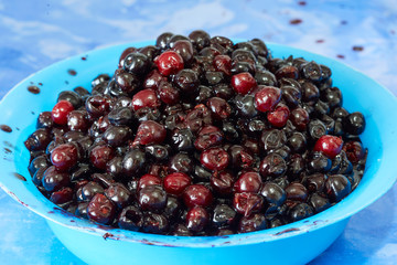 Pitted black cherries ready to cook
