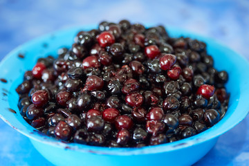 Pitted black cherries ready to cook