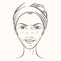 Vector portrait of caucasian woman with massage dots in ink graphic style