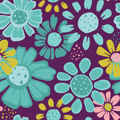 Vector purple, green, blue and pink flowers seamless pattern background.