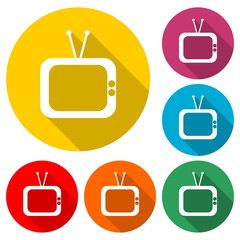 Retro TV icon, color icon with long shadow