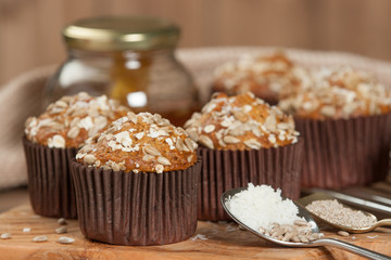 Home Baked Superfood Muffins With Chia Seeds, Banana, Honey, Coconut, Oats.