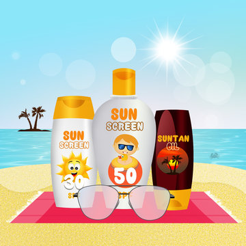 Sunscreen set with sun protection cream, lotion and suntan oil