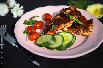 Grilled Steaks. FreshTomatoes and Cucumbers.