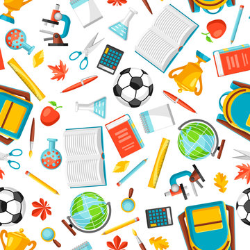 School seamless pattern with education items.
