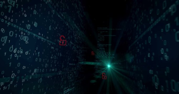 Cyber security breach on digital background concept animation. Opening padlocks for access to data, cyber crime buzzwords and computer safety in abstract loopable footage.