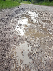 Water paddle on street after falling rain. Way after rain. Dirty puddle on road after rain. Dirt road with muddy puddles, autumn time. Abstract background, texture, pattern, material, wallpaper.