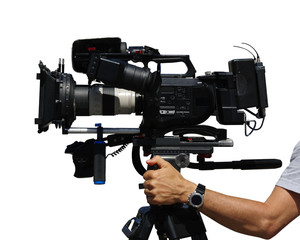 Cameraman using black professional digital video camera