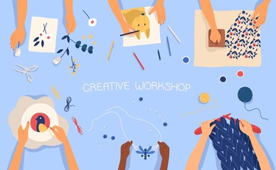 Horizontal banner with hands creating handmade works - drawing, woodblock printing, beadwork, embroidering, knitting, scrapbooking. Creativity lesson or workshop for kids. Flat vector illustration.