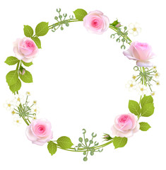 Roses. Flowers. Border. Floral background. Buds. Leaves. Pink. Vector illustration. Flower pattern. Frame. Wreath.