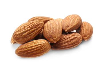 Tasty almond nuts on white background