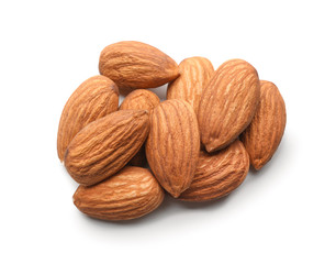 Tasty almond nuts on white background