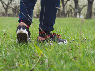 Close-up of man's legs in stylish sneakers on green grass