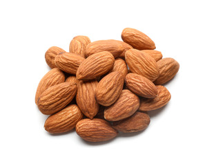 Tasty almond nuts on white background