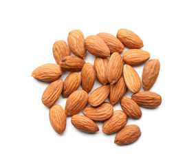 Tasty almond nuts on white background