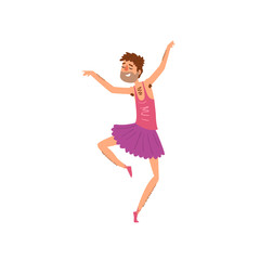 Funny bearded man dancing in tutu dress cartoon vector Illustration on a white background