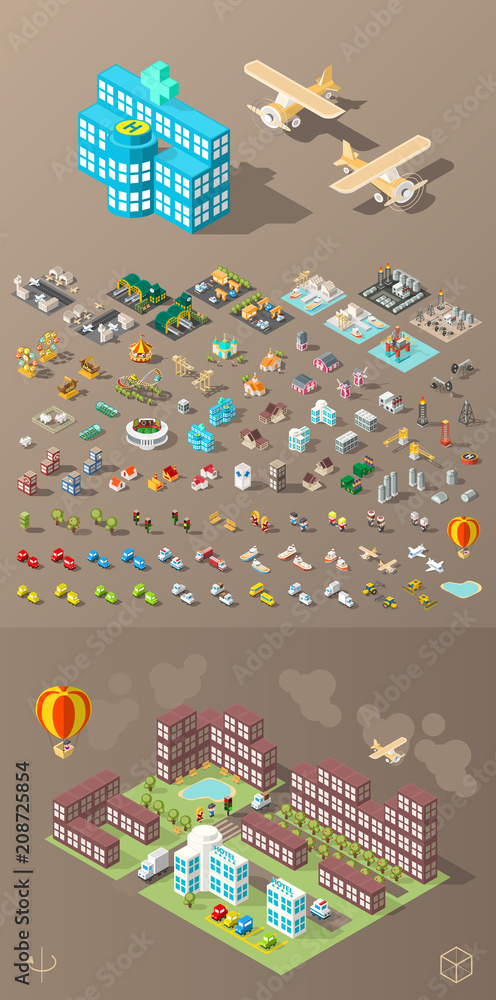 Poster build your own city . set of isolated minimal city vector elements on dark background