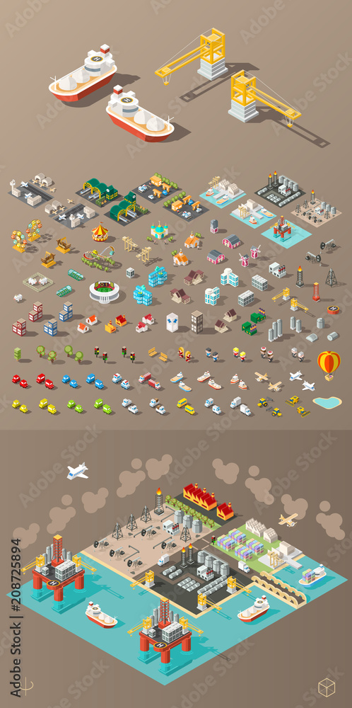 Poster build your own city . set of isolated minimal city vector elements on dark background