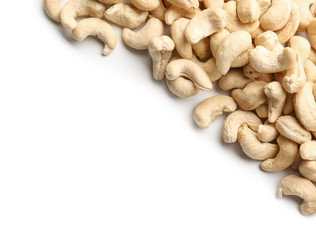 Tasty cashew nuts on white background