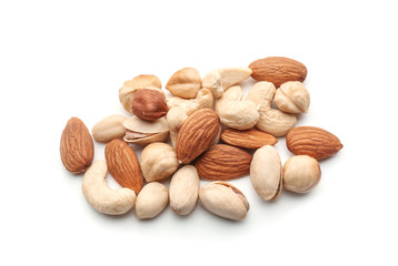 Different types of nuts on white background