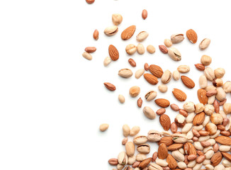 Different types of nuts on white background
