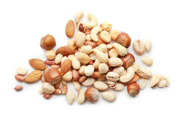 Different types of nuts on white background