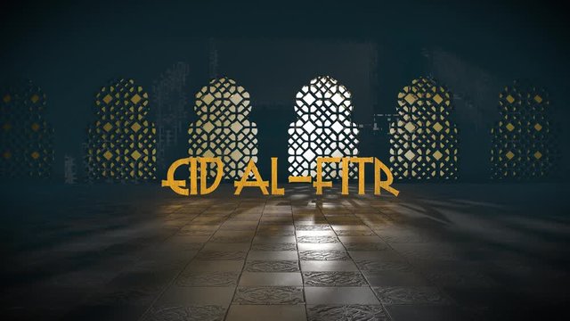 Eid al-Fitr Ramadan Kareem Islamic mosque window greeting 3D title render
