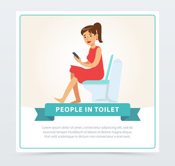 Woman using her phone while sitting on a toilet, people in toillet banner flat vector ilustration, element for website or mobile app