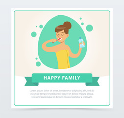 Girl brushing her teeth, daily routine hygiene procedure, happy family banner flat vector illustration, design element for website or mobile app