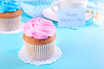 Delicious cupcakes on table. Mother's Day celebration