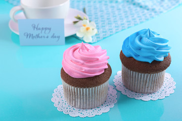 Delicious cupcakes on table. Mother's Day celebration