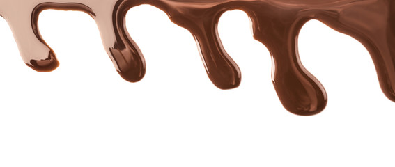 Flowing chocolate sauce on white background