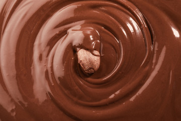Cocoa bean in melted chocolate, closeup