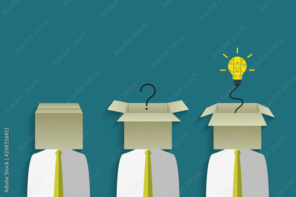 Poster thinking out of the box and developing an idea concept with business person having a cardboard box h