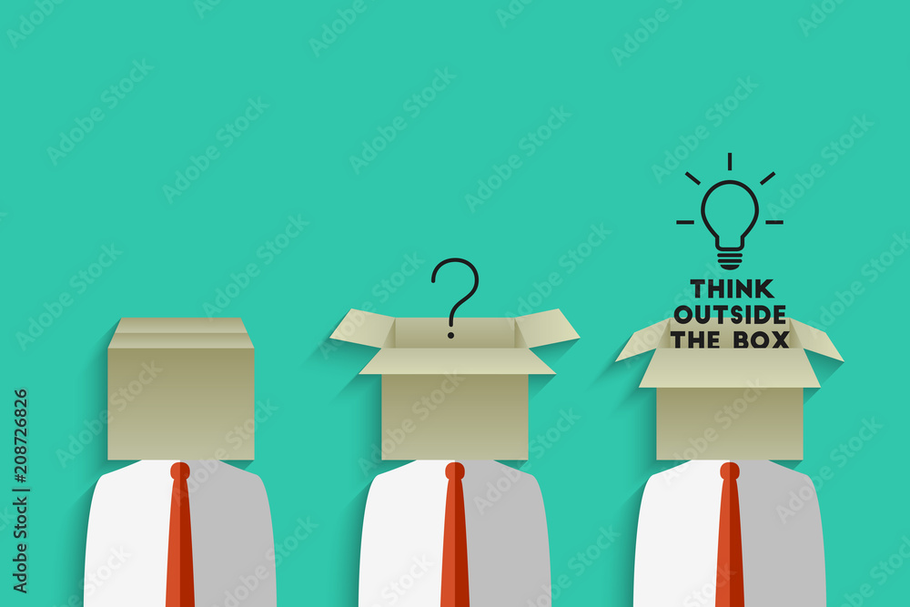 Poster think outside the box and the step by step development of an idea concept. businessman with cardboar