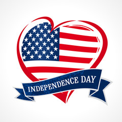 Happy Independence Day of USA flag in heart, July 4th. Happy Fourth of July vector greeting card. Hand lettering banner with letters on ribbon and flag USA. Vintage typography illustration