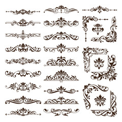 Vintage design elements ornaments frame corners curbs retro stickers and damask vector set illustration white background