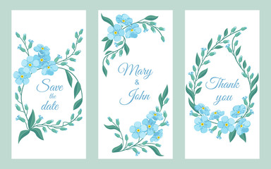 Templates for invitations and save the date cards with blue forget-me-nots flowers.