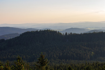 Fototapeta na wymiar Amazing view on hill from kravi mountains on sunset, Czech landscape