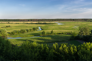 A panorama on a green field with a river and a forest.