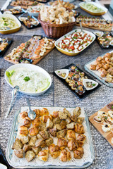 catering - table with different type of snacks preparing for party.