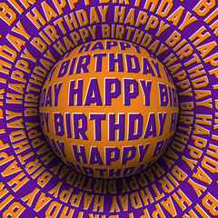 Happy Birthday patterned sphere rolling on rotating surface. Abstract vector optical illusion concept.