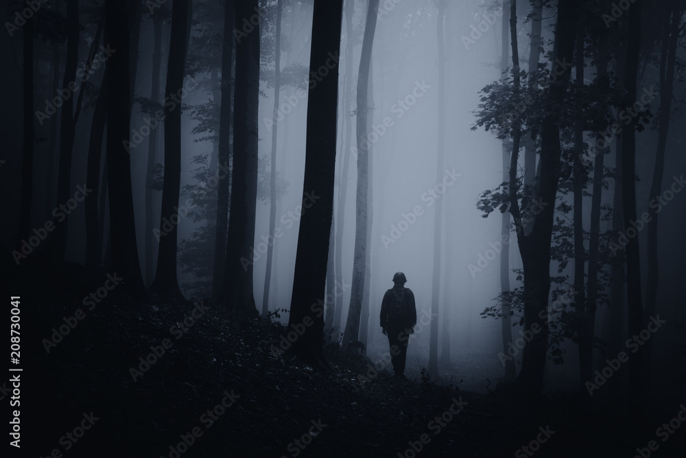 Canvas Prints dark halloween woods scene with man silhouette on forest road