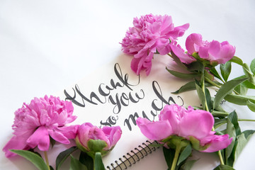 Lettering Thank you so much with pink peonies