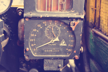 Steam train engine cabin speedometer panel