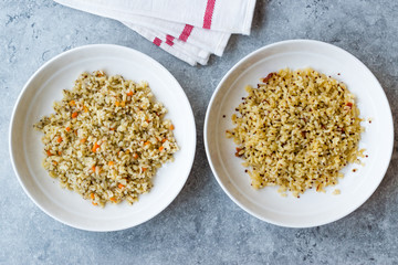 Cooked Bulgur Rice with Chia Seeds and Quinoa in Plate Ready to Eat. / Bulghur for Pilav or Pilaf