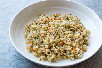 Cooked Bulgur Rice with Chia Seeds and Carrot in Plate Ready to Eat / Bulghur for Pilav or Pilaf