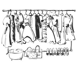 Hand drawn wardrobe sketch. Furniture. Dress, handbag and shoes. clothes