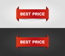 Red best price banner with shadow on white and dark background. Vector illustration.